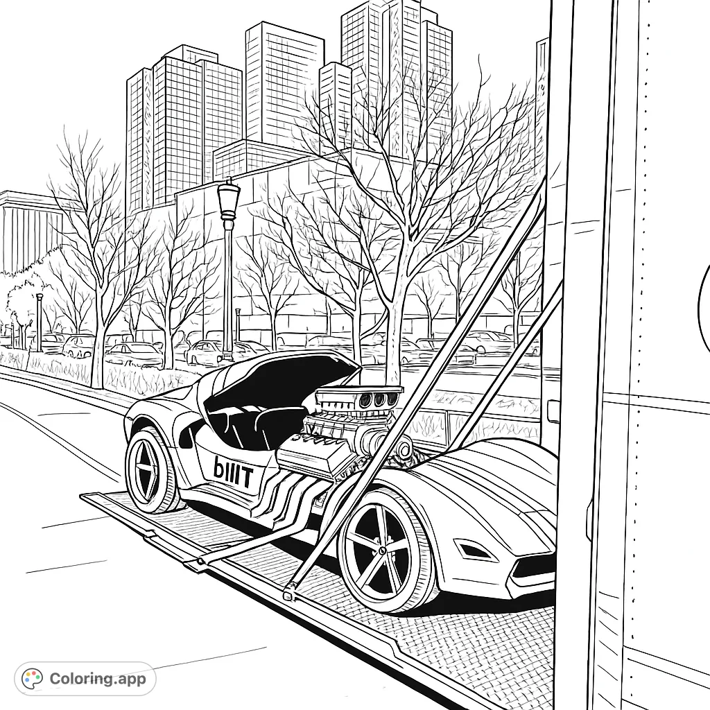Color a unique custom hot rod on a trailer, set against a bustling city backdrop with towering buildings and bare trees. A detailed automotive coloring page.