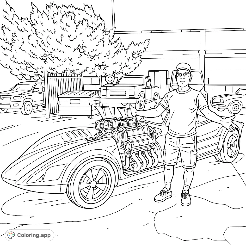 Unleash your creativity on this custom hot rod coloring page, featuring a unique vehicle with exposed engines and a detailed urban backdrop. Perfect for car enthusiasts!
