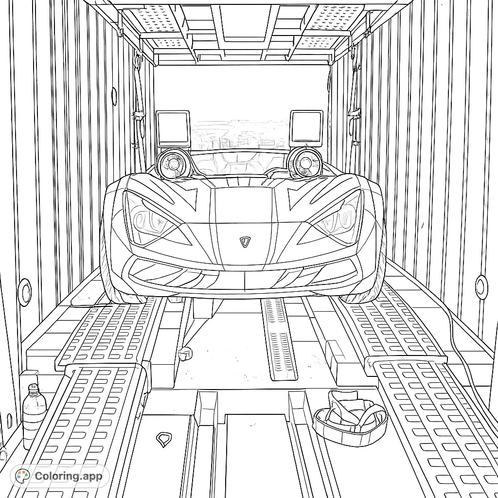 Color a sleek, futuristic custom car with exposed engines, ready for transport. A dynamic scene for car enthusiasts and creative minds.