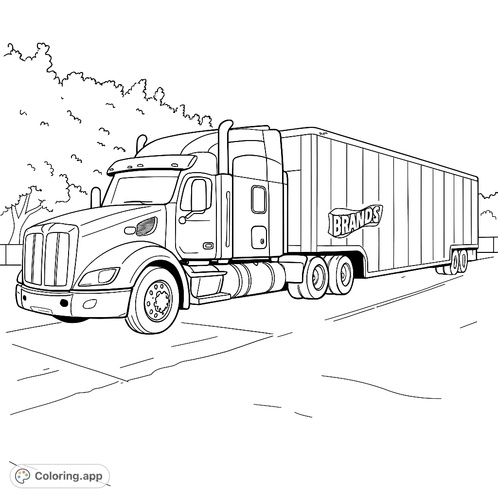 A powerful Hot Wheels semi-truck with a long trailer, featuring iconic branding, parked in a lot. Perfect for truck enthusiasts to color and customize.