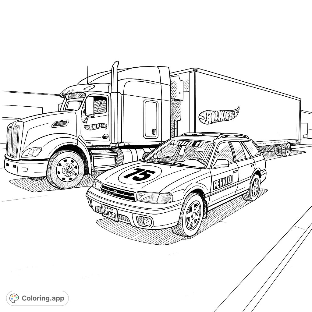 A dynamic Hot Wheels scene featuring a powerful semi-truck hauler and a custom-decorated racing station wagon, ready for adventure.