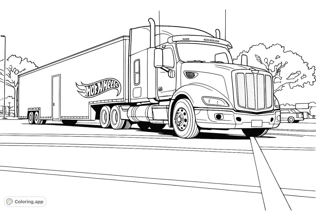 Get ready to color this impressive Hot Wheels semi-truck and its long trailer, parked in a detailed lot. Perfect for truck enthusiasts and fans of iconic toy brands.