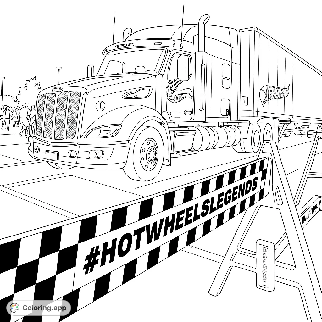 Color a powerful Hot Wheels semi-truck and its trailer, featuring iconic logos and a dynamic barrier, set in a bustling outdoor event.