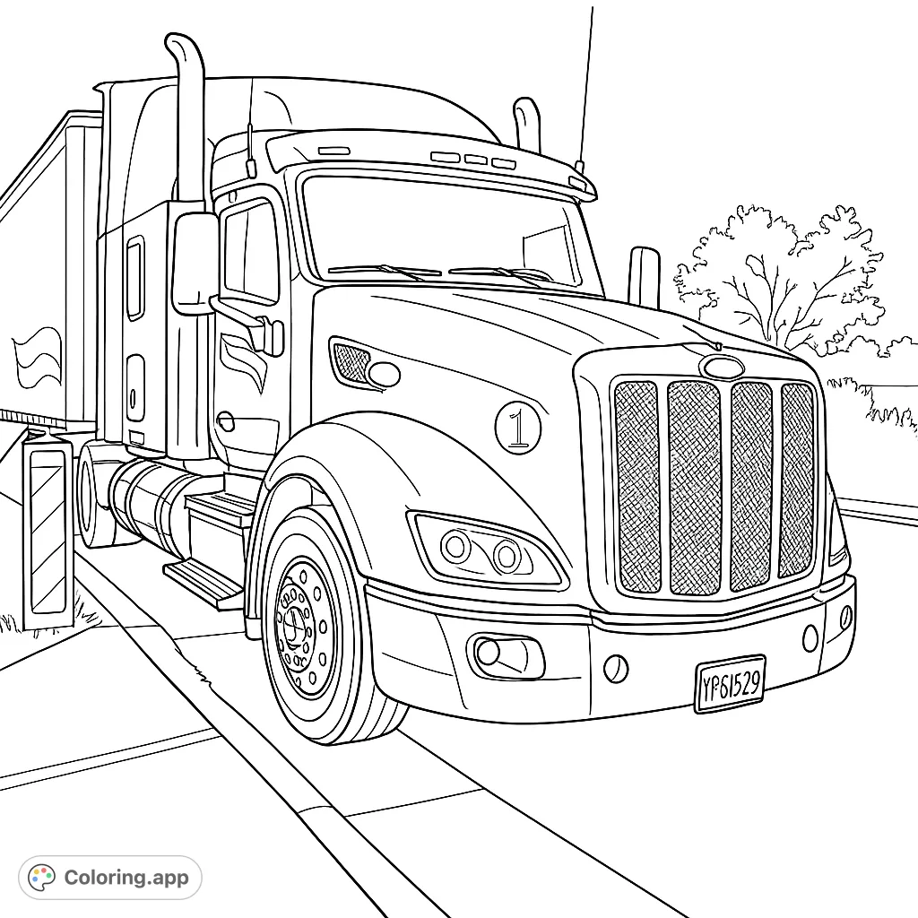 Color a detailed semi-truck with a large trailer, chrome accents, and intricate wheels. Perfect for vehicle enthusiasts and those who love road themes.