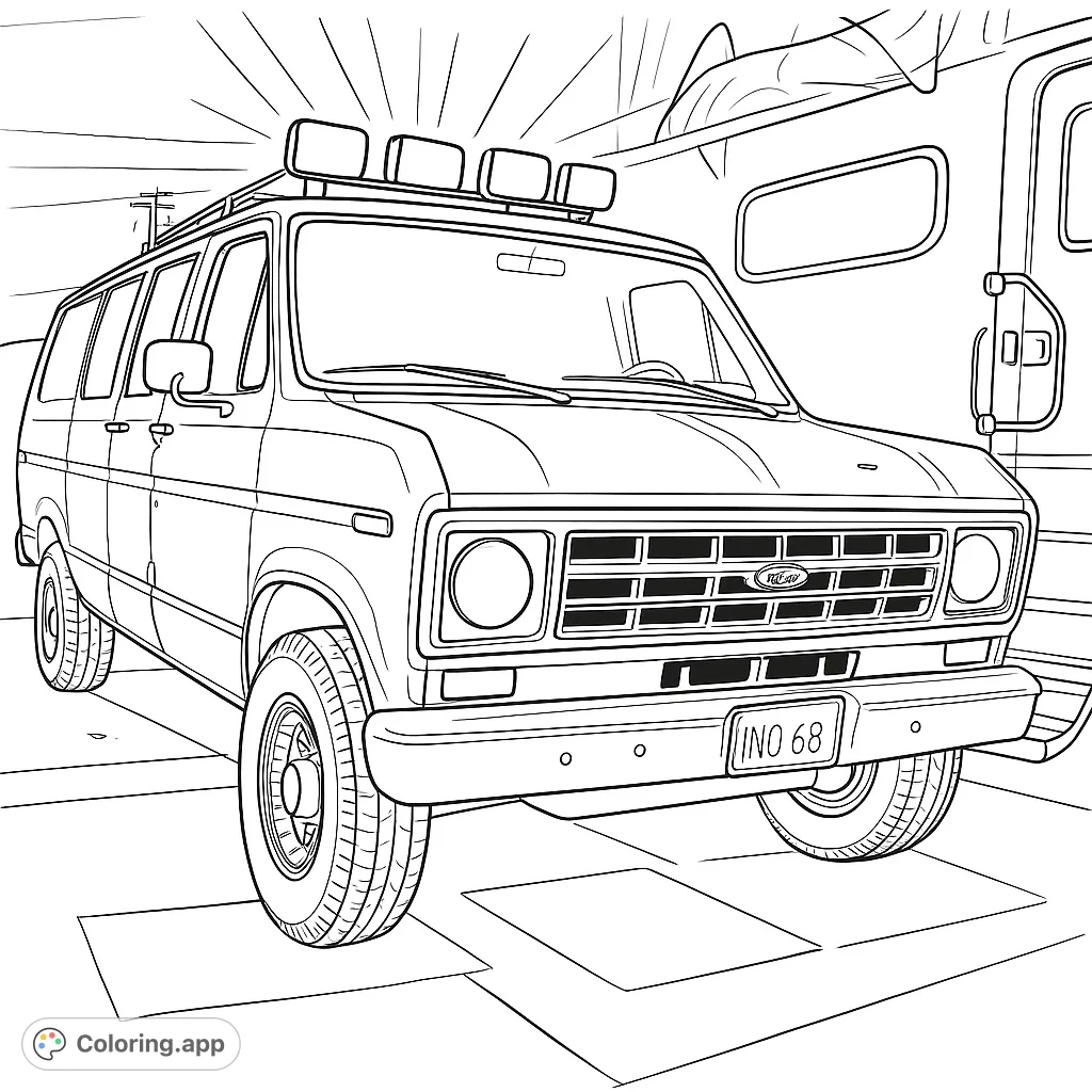 Color this powerful adventure van, featuring bright lights, a classic design, and a detailed grille. Perfect for vehicle enthusiasts and creative minds.