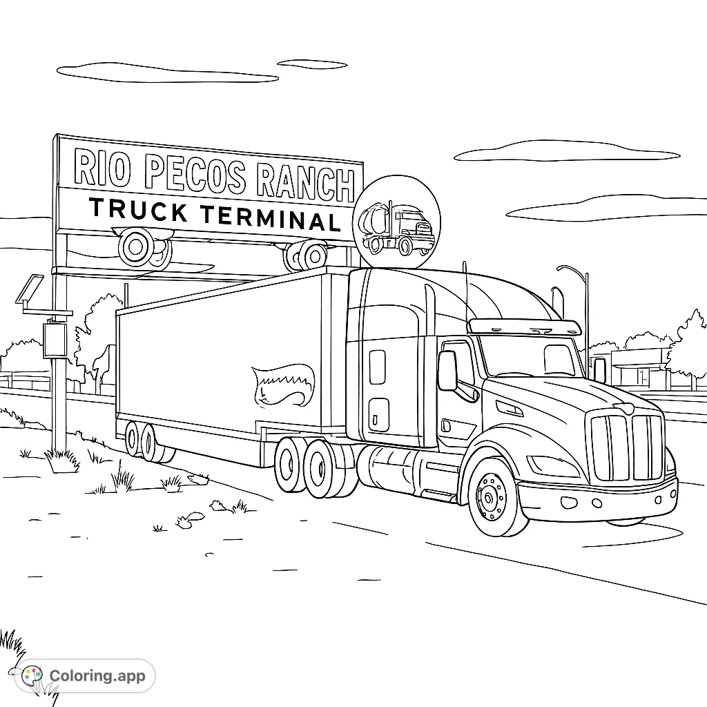 A powerful semi-truck with a Hot Wheels trailer parked at a truck terminal, featuring a prominent sign and open sky. Perfect for truck enthusiasts.