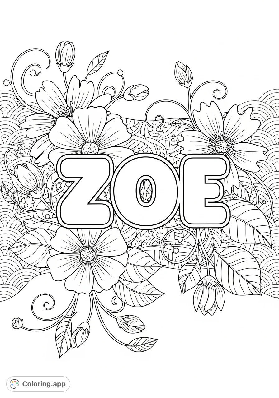 Personalize your world with this delightful Zoe floral coloring page! Features the name "ZOE" in bubble font, surrounded by intricate flower designs.