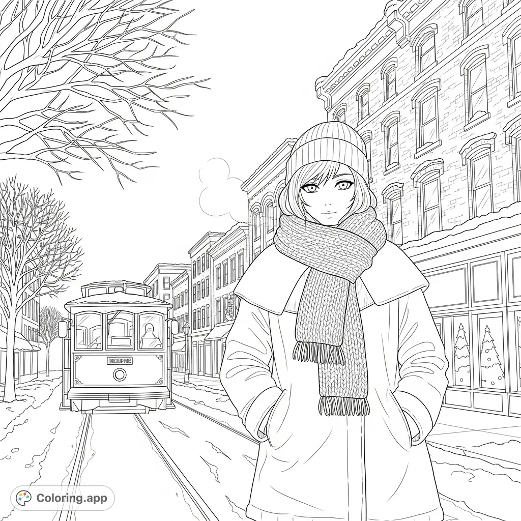 A charming anime girl bundled in winter attire stands on a snowy Memphis street, with a classic trolley and historic brick buildings in the background.