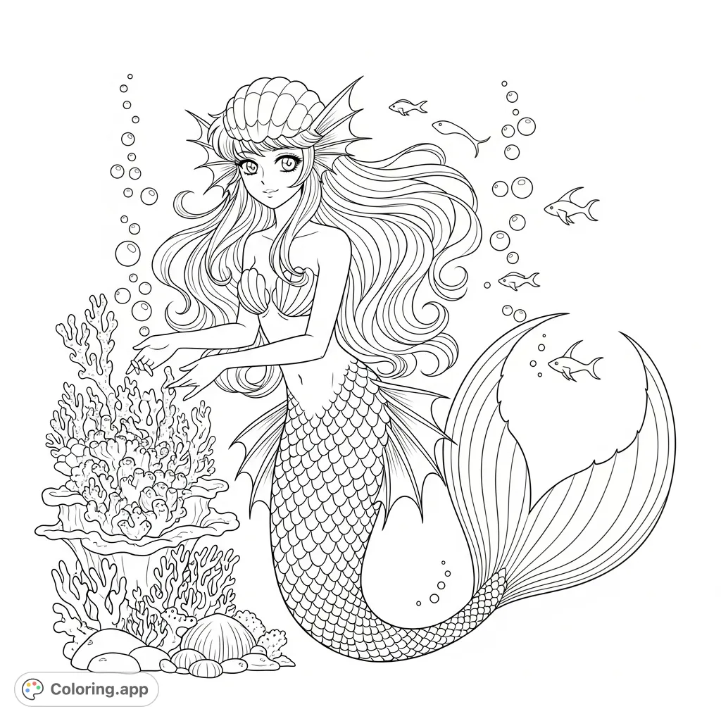 Dive into an enchanting underwater world with this graceful anime mermaid coloring page, featuring flowing hair, intricate scales, and serene ocean details.