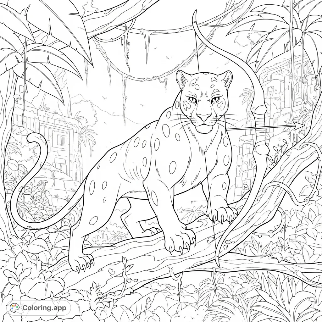 Unleash your creativity with this dynamic anime panther coloring page, featuring a powerful big cat amidst a stylized jungle with ancient ruins and glowing flora.