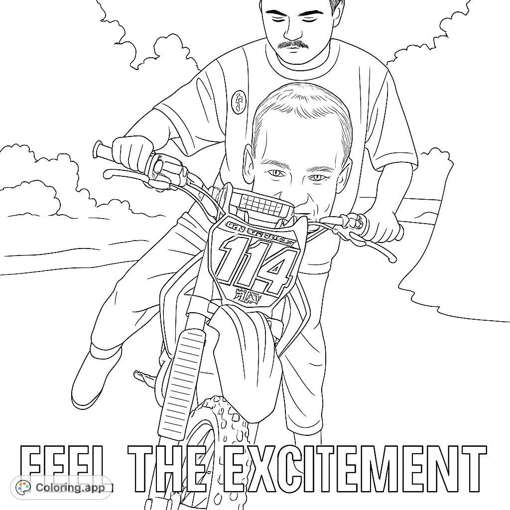 Capture the thrill of motocross with this dynamic coloring page featuring a young rider and their dirt bike, ready for adventure. Perfect for enthusiasts!