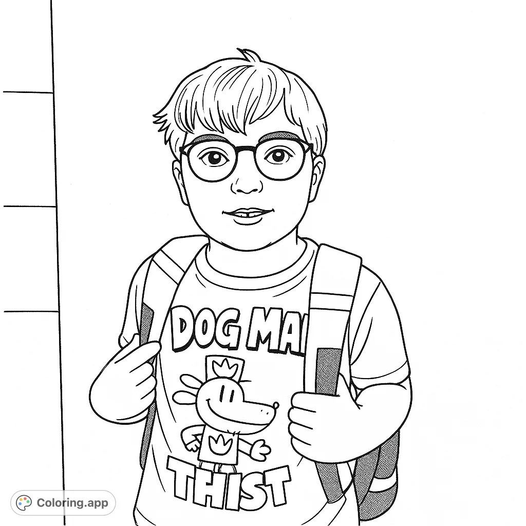 A cheerful young boy wearing glasses and a Dog Man t-shirt, ready for school with his backpack. A fun and engaging coloring page for kids.