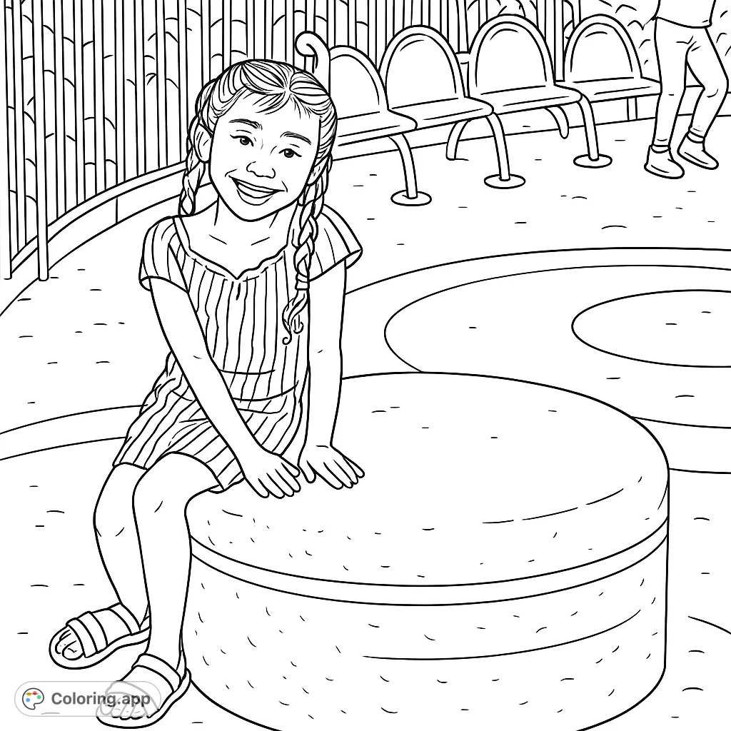 Capture the joy of a young girl smiling at a splash pad, sitting on a textured stool with playful playground elements in the background. A delightful scene.