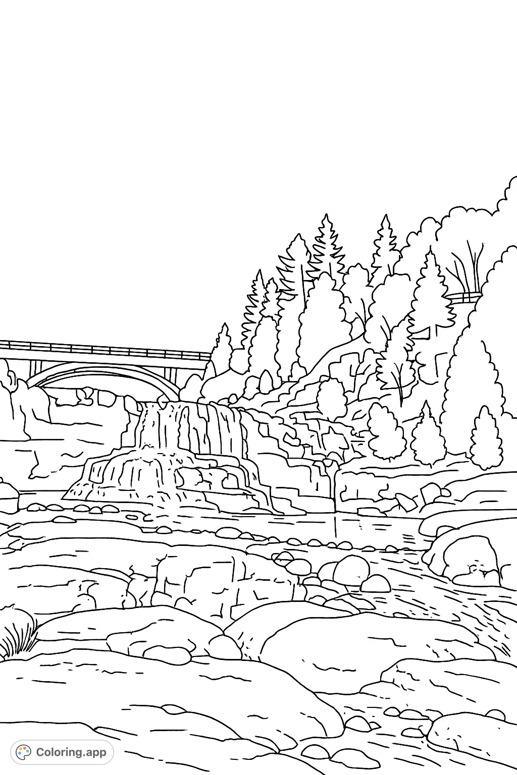 A majestic waterfall tumbles over rocky tiers, framed by a scenic arch bridge and a lush, tree-covered cliff. A beautiful nature landscape to color.