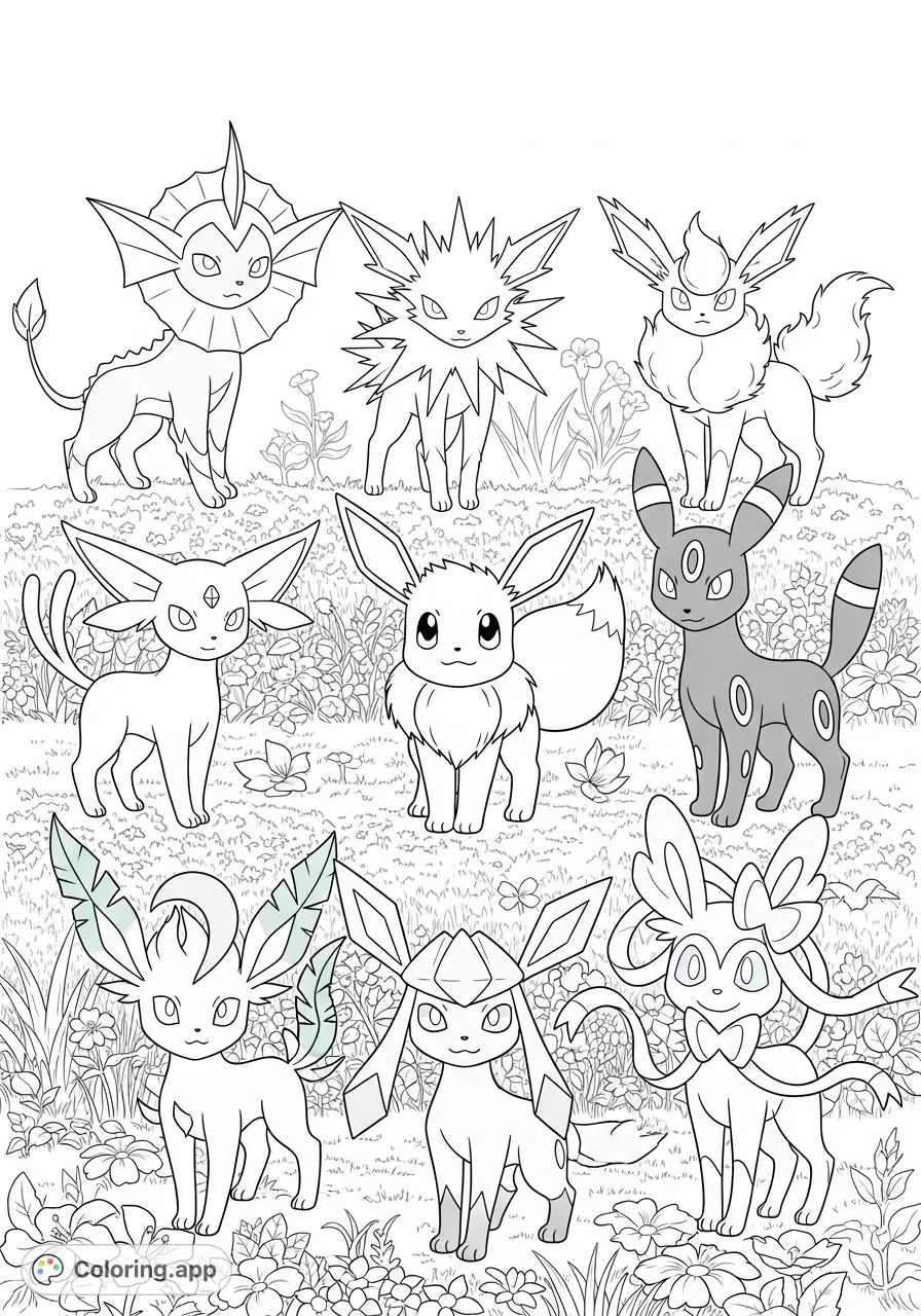 A delightful Eeveelutions coloring page featuring Eevee and all eight evolutions playing in a vibrant field of flowers. Perfect for Pokémon fans!