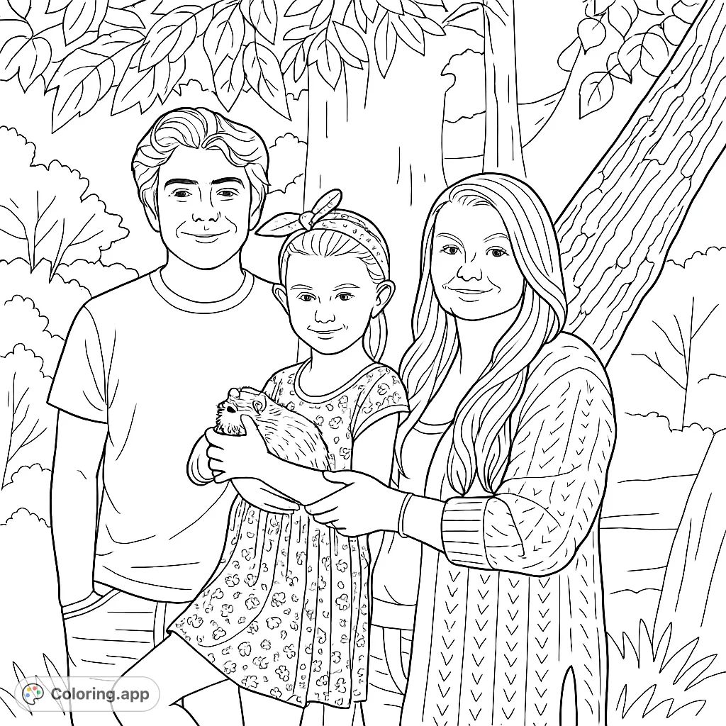 Capture a heartwarming outdoor scene with a family and their feathered companion. This charming coloring page offers a delightful moment to bring to life with your creative palette.