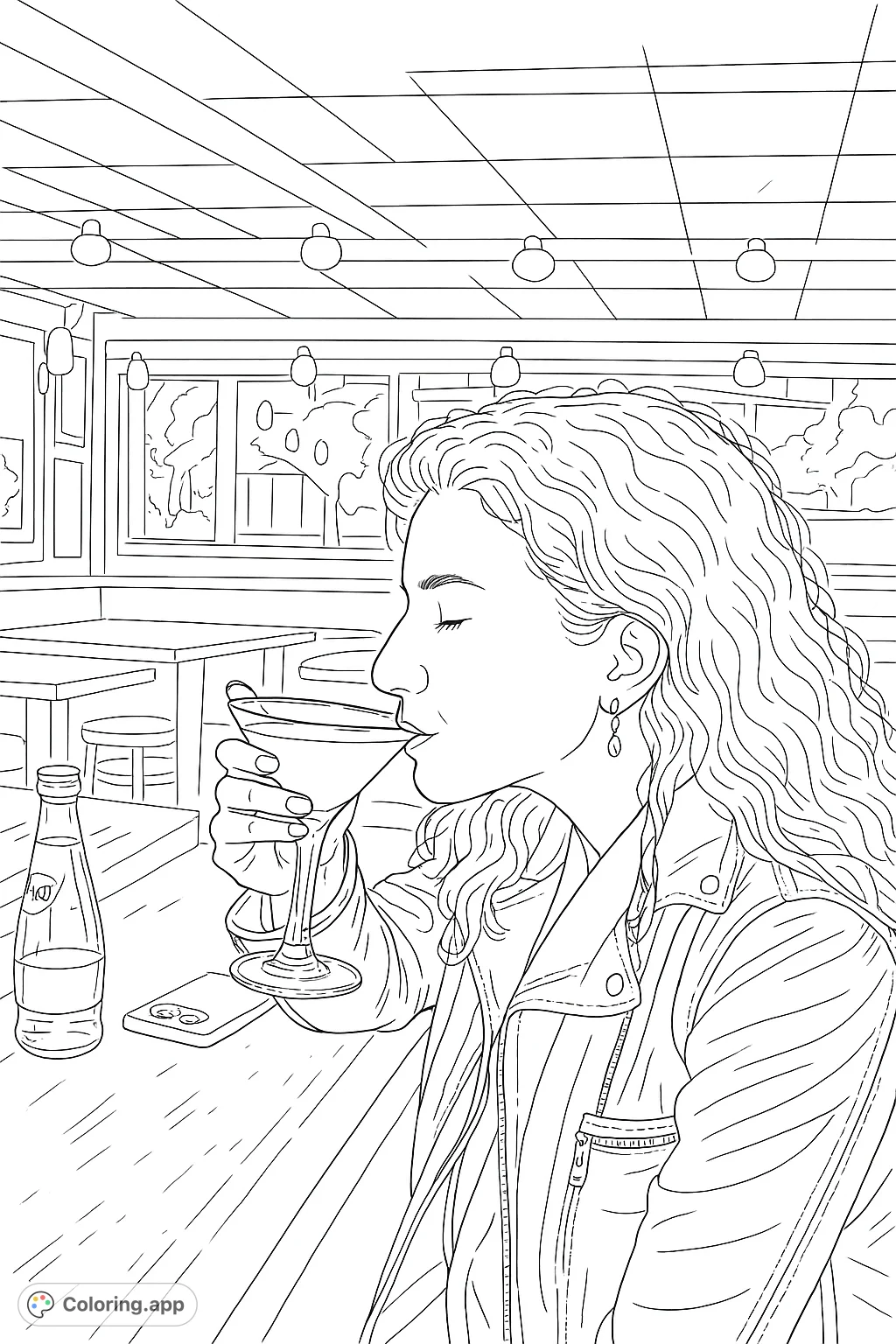 A stylish woman enjoys a drink in a dimly lit setting, perfect for a relaxing coloring experience. Features intricate details on her jacket and a cozy atmosphere.