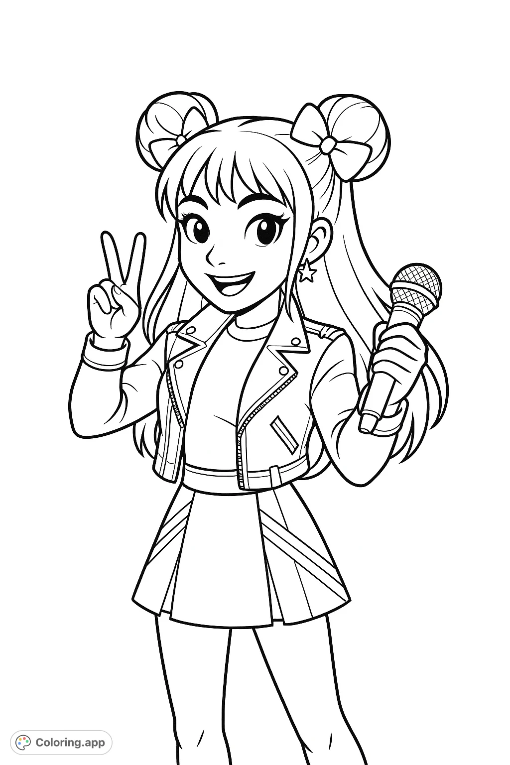A vibrant pop star character ready to perform, featuring a stylish studded jacket, pleated skirt, and a microphone. Perfect for music lovers and aspiring artists.