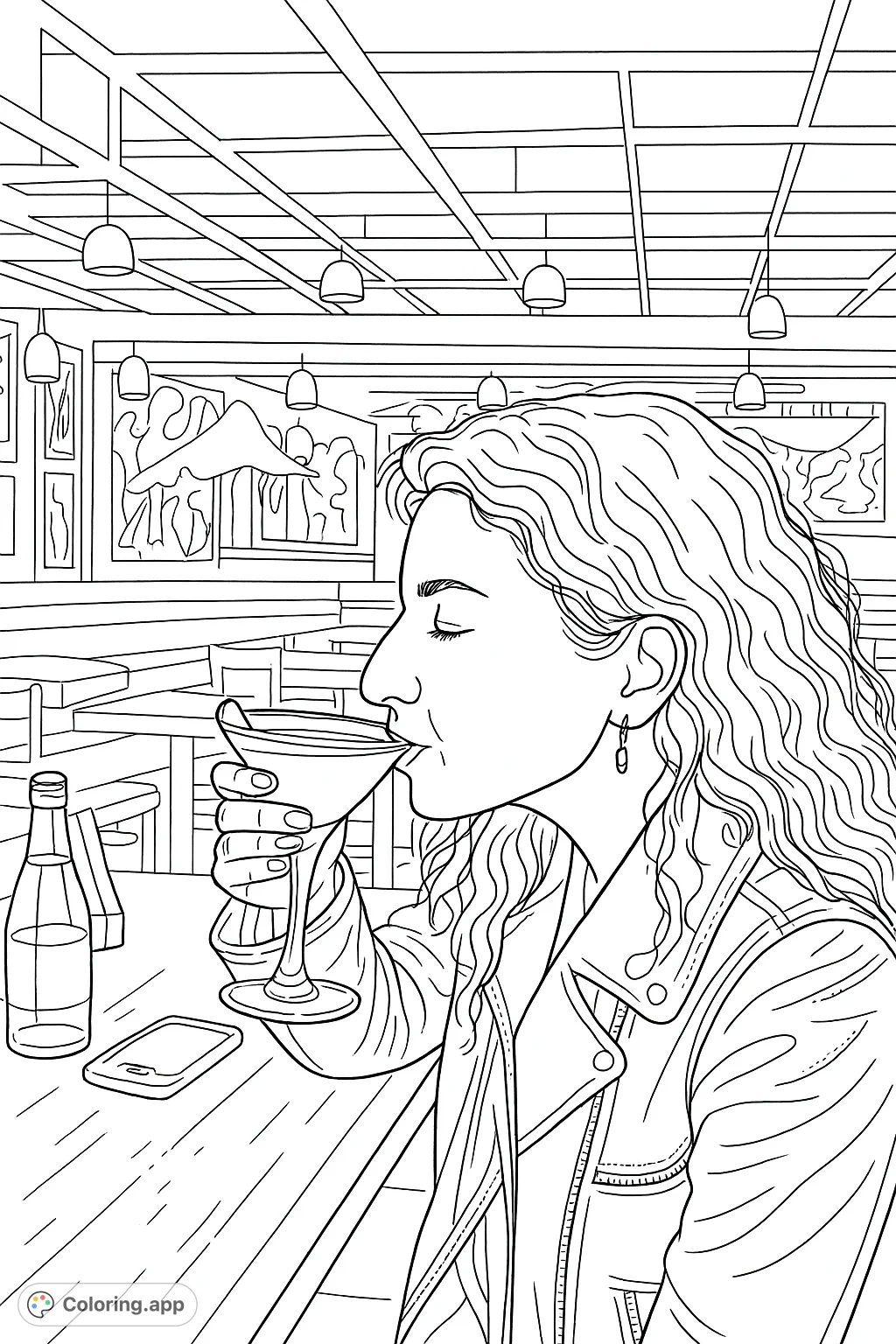 Capture a moment of quiet enjoyment with this detailed coloring page featuring a person sipping from a glass in a cozy, dimly lit setting. Perfect for relaxation.