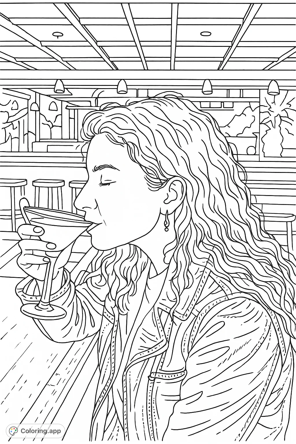 A stylish individual enjoys a moment of relaxation, sipping from a cocktail glass in a dimly lit setting. Perfect for unwinding and creative expression.