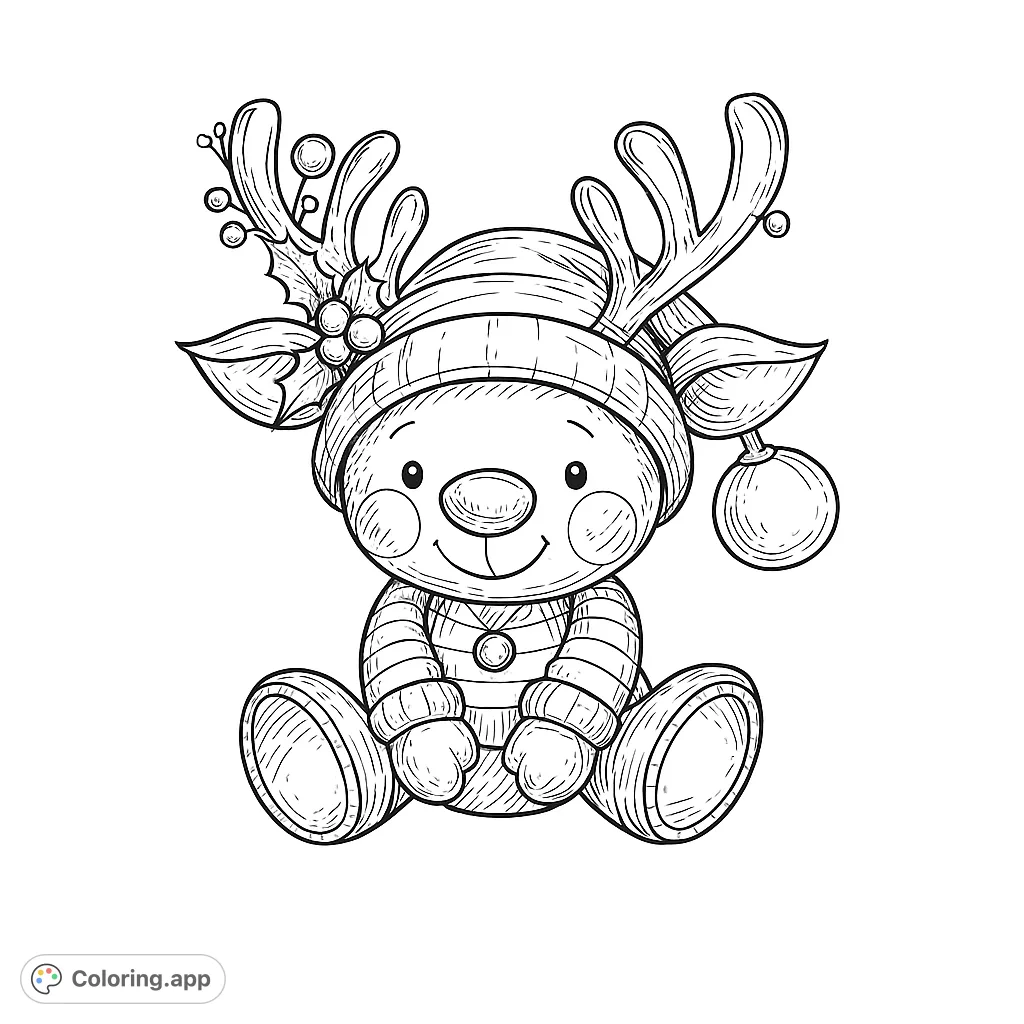 A delightful winking reindeer in a cozy winter hat adorned with holly and berries, perfect for festive coloring fun. A charming holiday character.