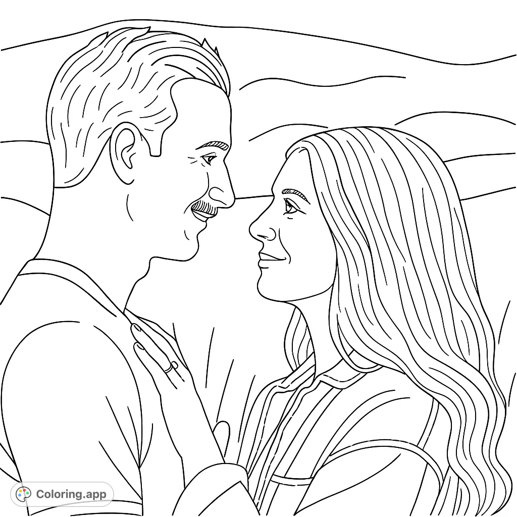 Capture a tender moment between a loving couple. This romantic coloring page features two individuals gazing at each other, perfect for expressing affection.
