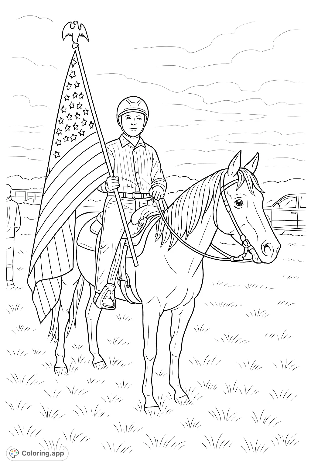 A proud rider on horseback holds a large flag, featuring stars and stripes, against a scenic outdoor backdrop. Perfect for celebrating national pride.