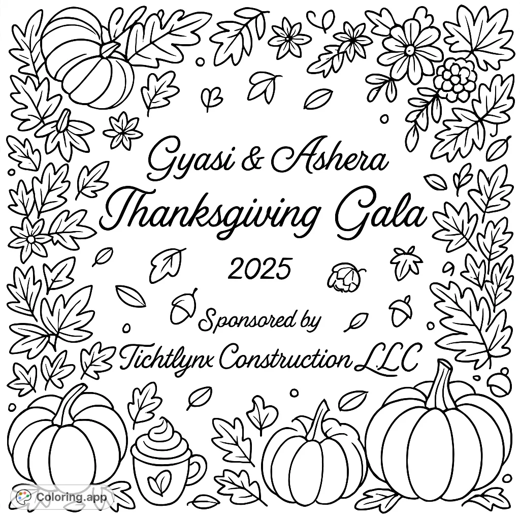 Explore a whimsical autumn harvest coloring page featuring a fun maze to find the pumpkin, surrounded by cartoony leaves, gourds, acorns, and a cozy latte. Perfect for fall fun!
