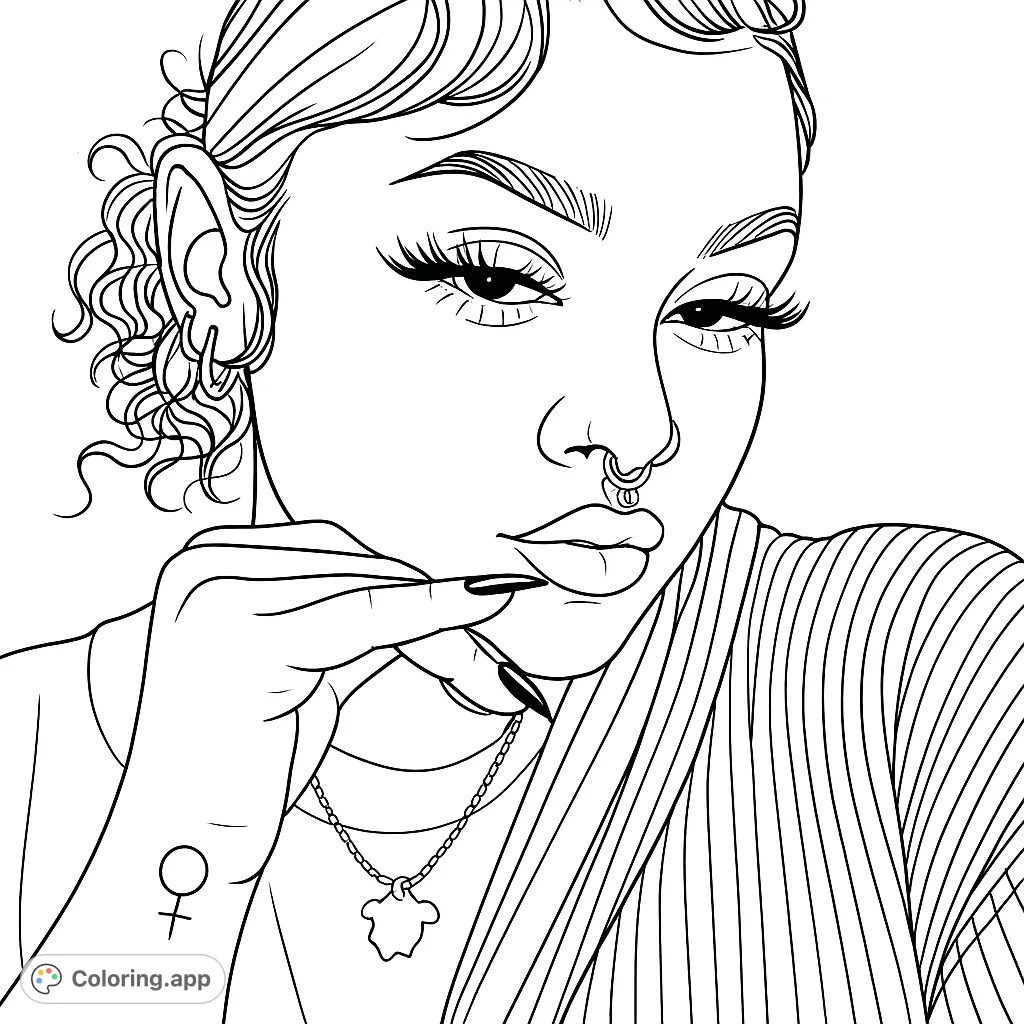 A captivating portrait featuring a person with styled hair, prominent eyelashes, and unique piercings. Express yourself by coloring this modern and detailed design.
