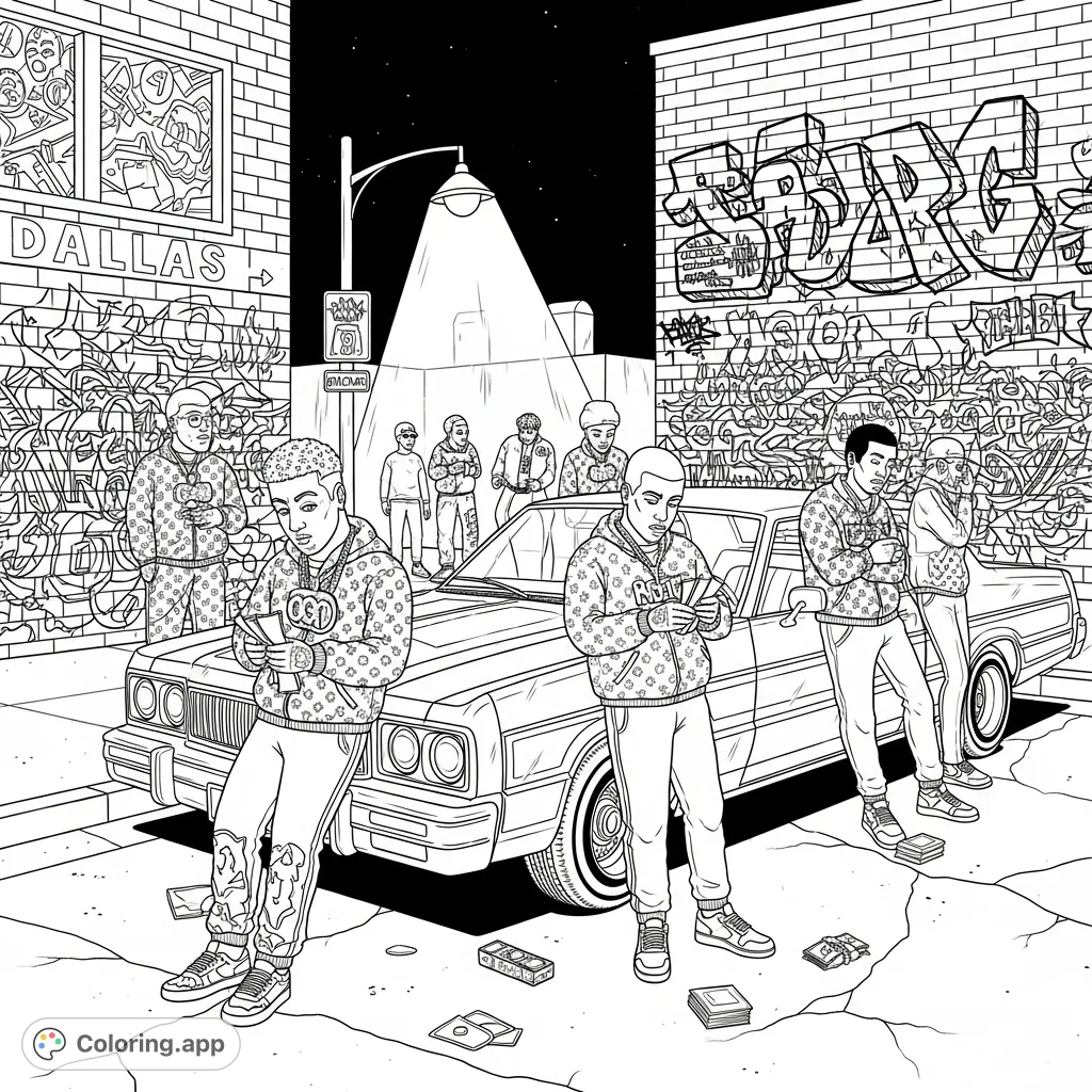 Explore a detailed Dallas street corner at night, featuring a lowrider, individuals in tracksuits, intricate graffiti, and a flickering streetlight.