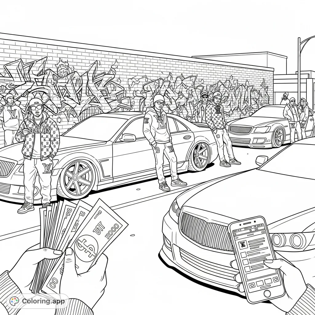 Immerse yourself in a detailed Dallas street scene featuring luxury cars, figures in designer streetwear, intricate graffiti, and urban elements.