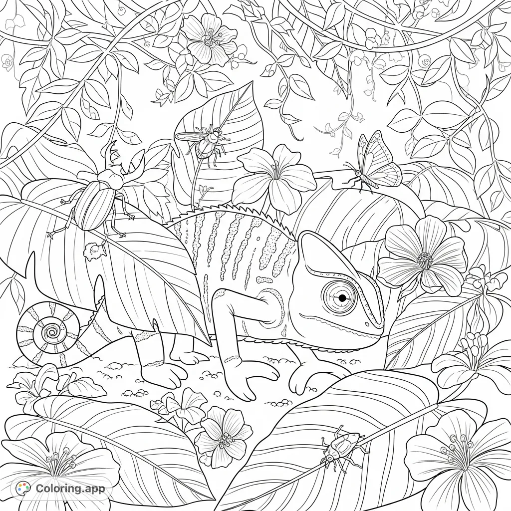 Explore a vibrant jungle scene with Luna the chameleon, meticulously searching under large leaves and exotic flowers, surrounded by winding vines and detailed insects.