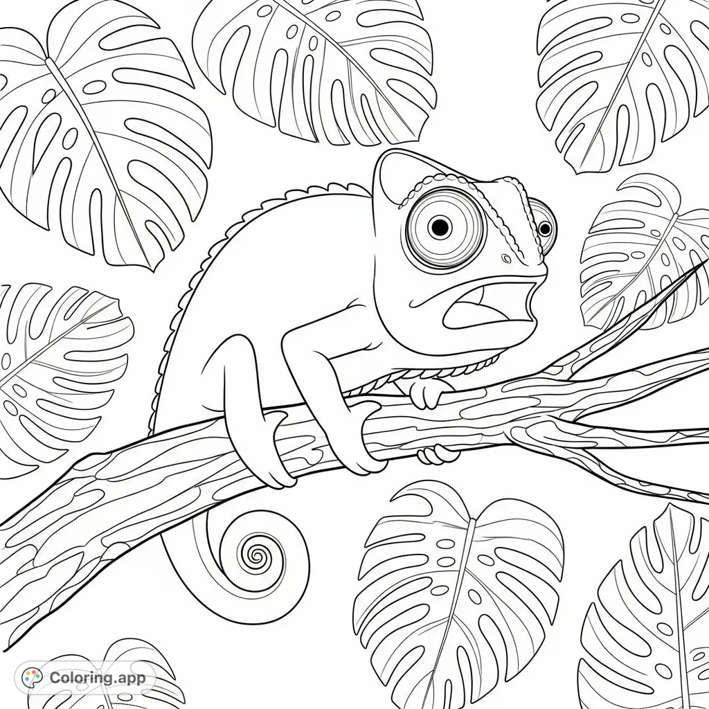 Color Luna the chameleon on a jungle branch, looking surprised amidst lush leaves. A fun, free printable chameleon coloring page for all ages!