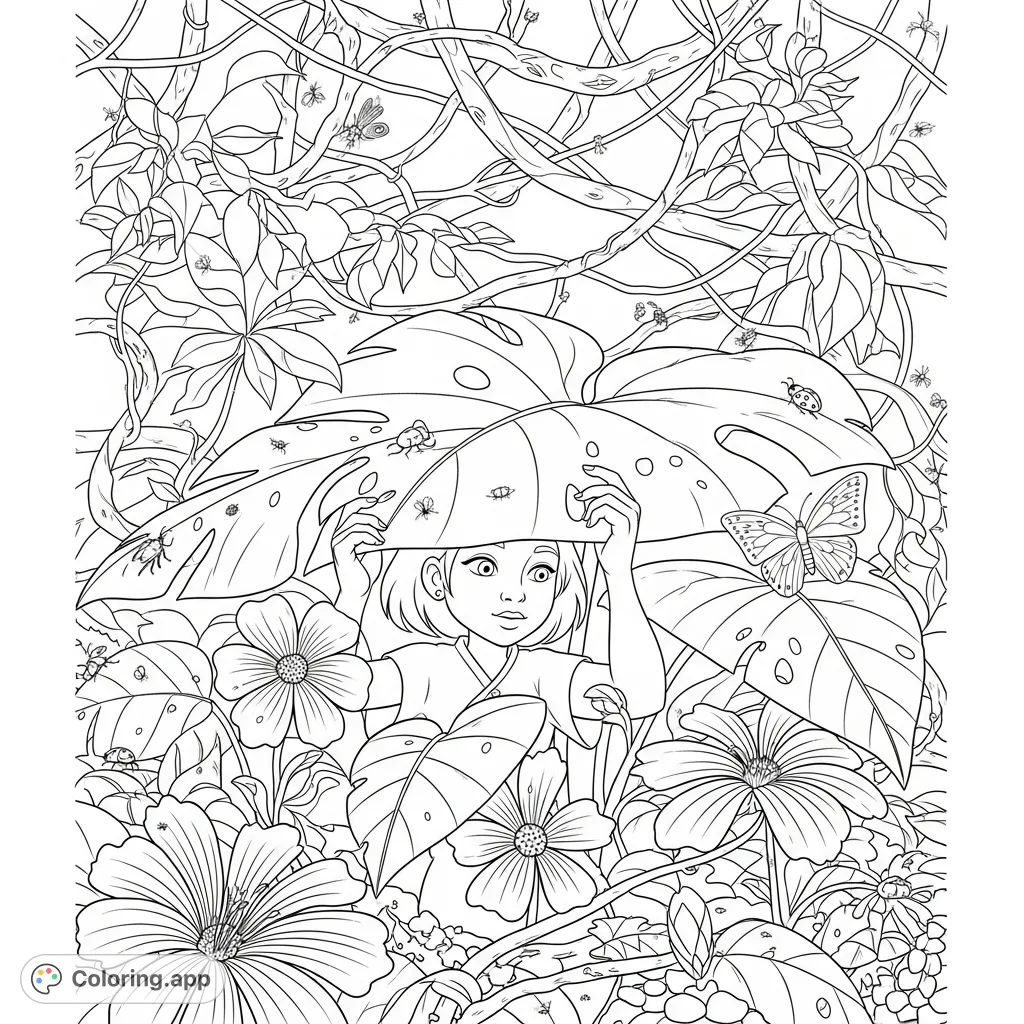 Explore a vibrant jungle with Luna as she uncovers hidden wonders among colossal leaves, exotic flowers, and playful insects. A detailed nature adventure.