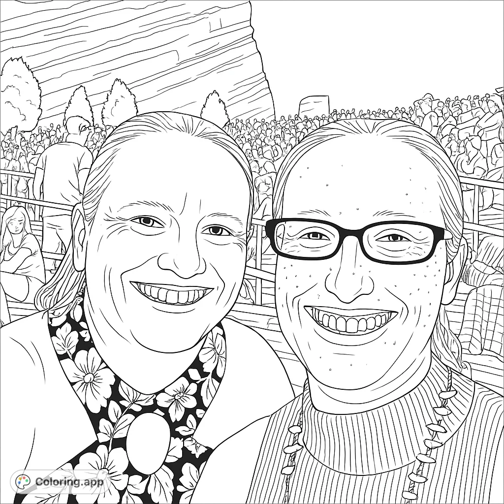 Two friends capture a joyful moment at an outdoor concert venue, with a vast crowd and impressive rock formations in the background. A fun, detailed scene.