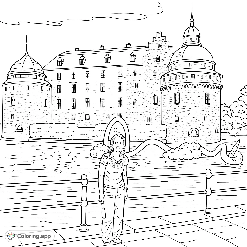 Explore a unique scene featuring a majestic stone castle, a flowing moat with an abstract sculpture, and a person in the foreground. A captivating blend of history and art.