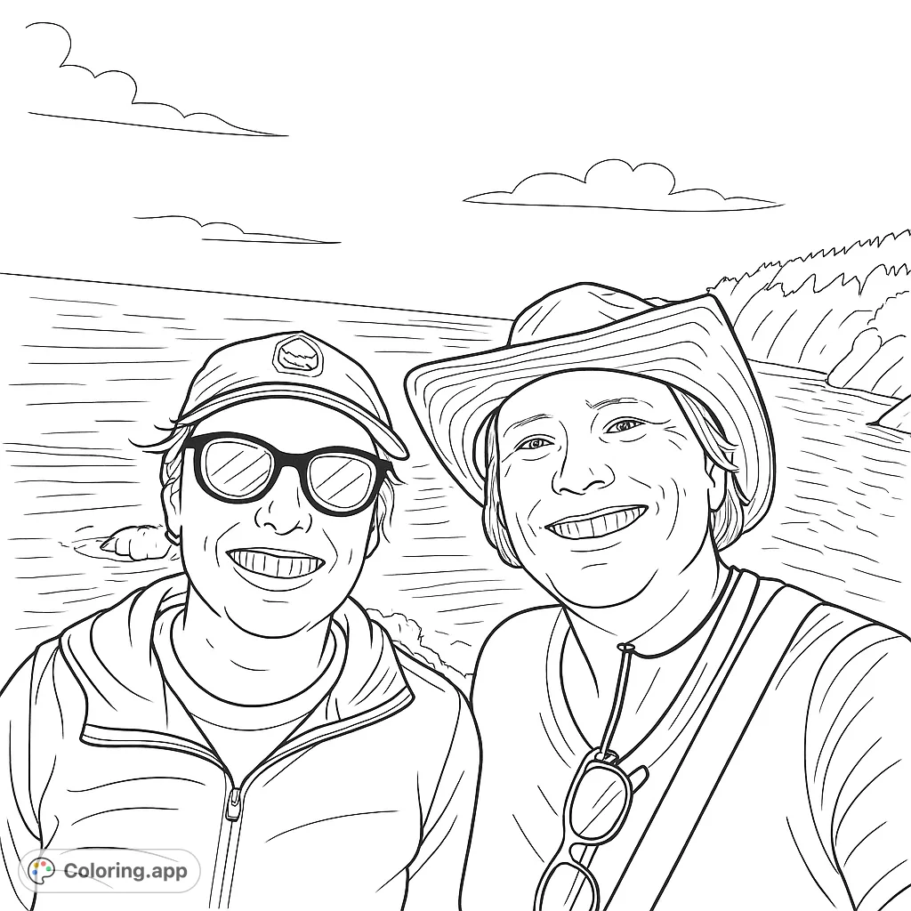 Two smiling individuals enjoy a scenic coastal view with expansive ocean and rugged cliffs. A perfect travel-themed coloring page for relaxation.