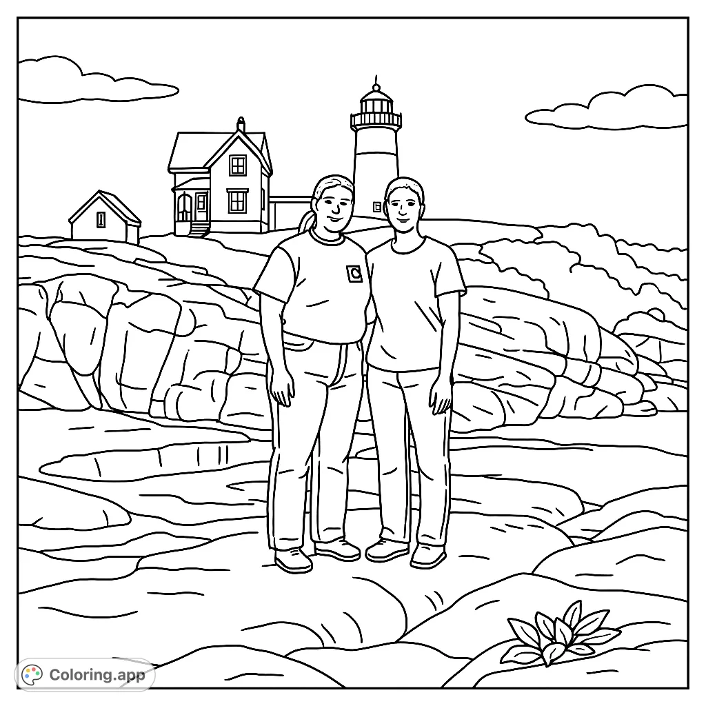 Explore a scenic coastal lighthouse coloring page featuring two friends on rocky shores. Perfect for a relaxing creative escape.