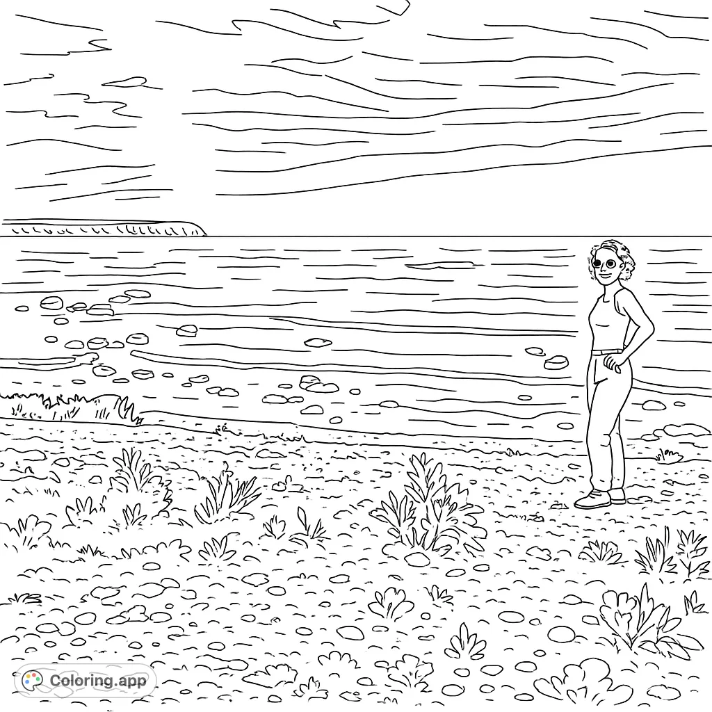 Explore a serene coastal scene featuring a traveler on a pebbly beach, with a vast ocean, distant cliffs, and a sky full of clouds. Perfect for relaxation.