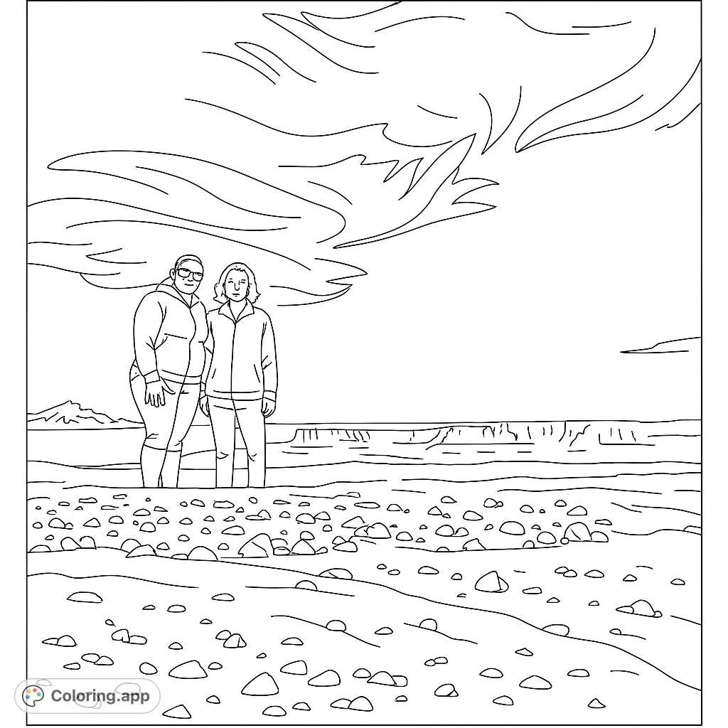 Two friends stand on a rocky desert overlook, smiling against a vast landscape of mesas and a wide sky. A perfect adventure coloring page.