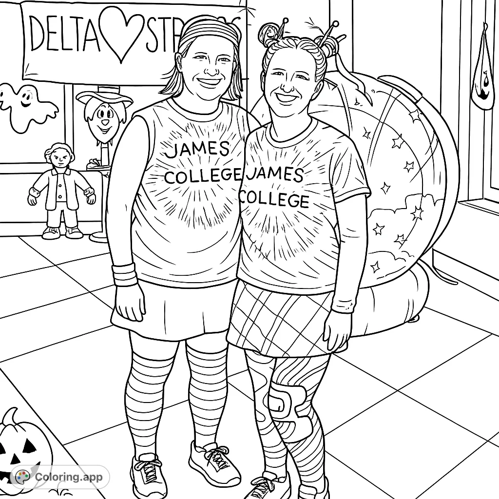 Two smiling friends in festive, patterned outfits, surrounded by party decorations. A fun and detailed scene perfect for creative coloring.