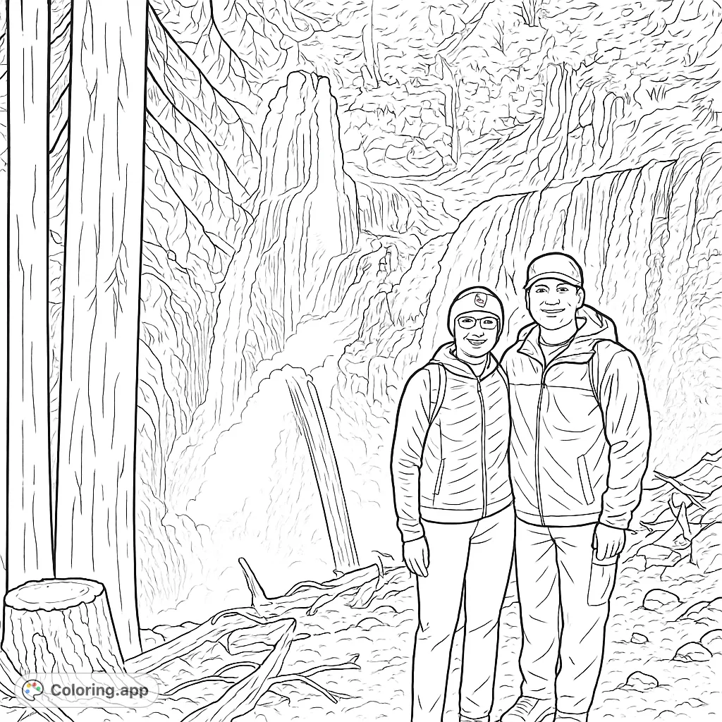 Explore a stunning forest waterfall scene with two hikers. A detailed nature coloring page perfect for relaxation and creative expression.