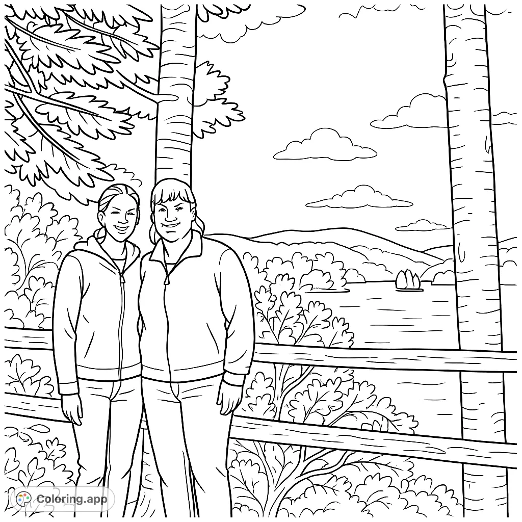 Two friends pose by a scenic lake, framed by trees and a rustic fence. A beautiful landscape with distant hills and islands awaits your creative touch.