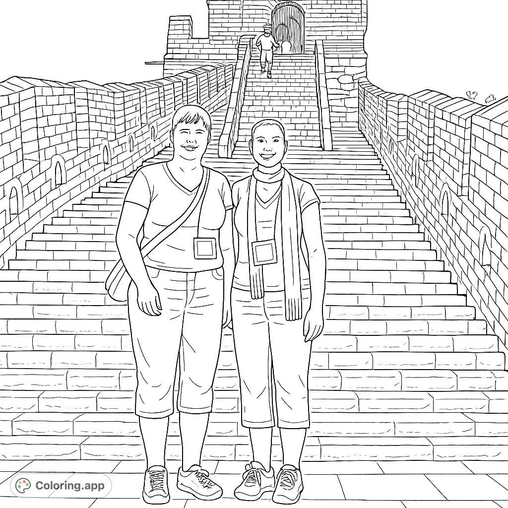 Explore an iconic landmark with this Great Wall coloring page. Two travelers stand before ancient stone steps and a majestic watchtower, ready for your creative touch.