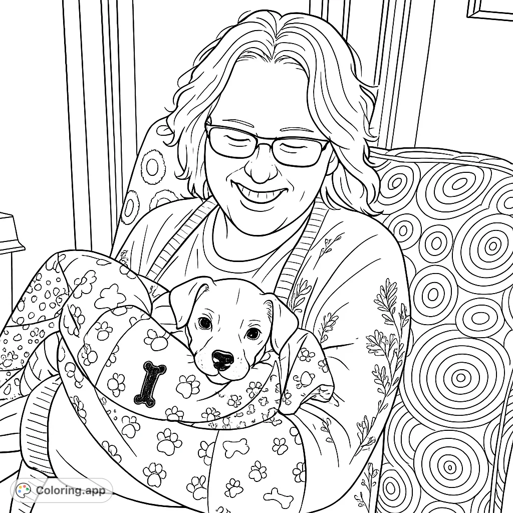 A heartwarming puppy love coloring page featuring a smiling woman cuddling a tiny puppy wrapped in a cozy, patterned blanket. Perfect for pet lovers!