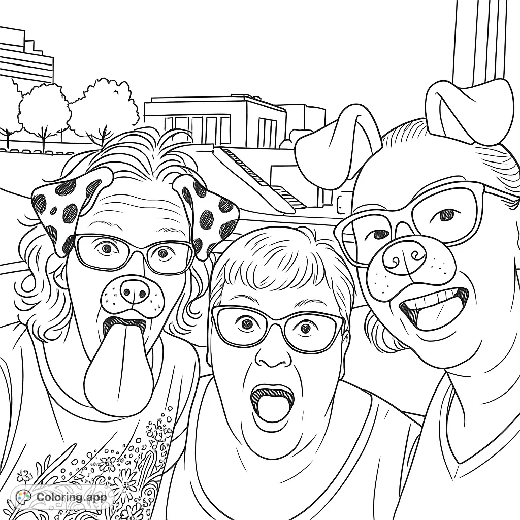 Capture the joy of friendship with this playful coloring page featuring three individuals, two with fun dog-face filters, posing for a memorable selfie outdoors.