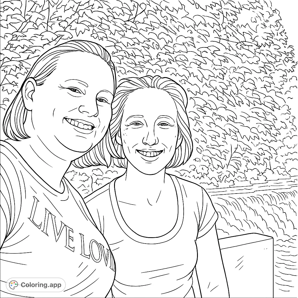 Capture joy with this smiling friends coloring page, featuring two women against a backdrop of lush foliage and a serene waterfall.