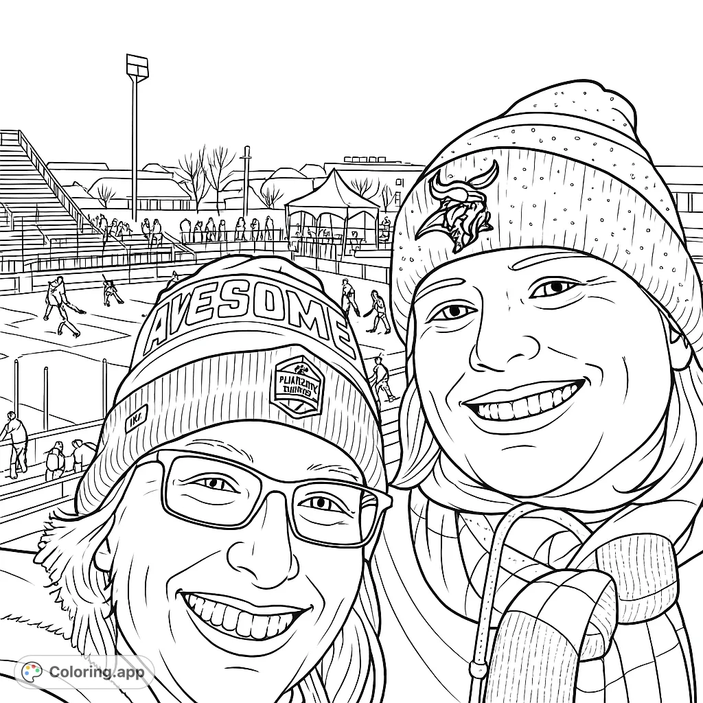 Two smiling fans bundled in hats and scarves, enjoying an outdoor hockey game in falling snow. A lively winter sports scene for coloring enthusiasts.