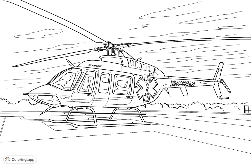 Color a detailed emergency helicopter on a helipad, featuring intricate rotors, windows, and rescue markings against a vast sky. Perfect for aviation fans!