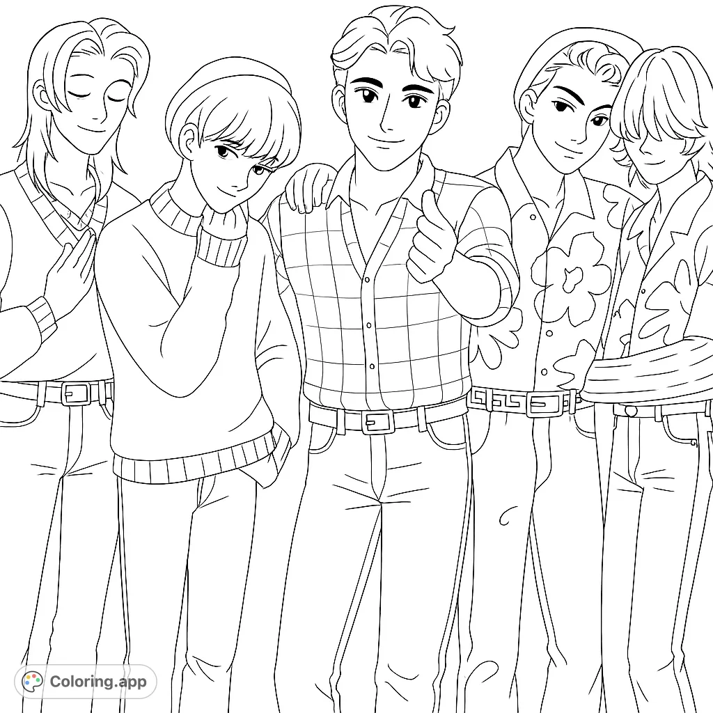 Color a dynamic group of five stylish young men, featuring diverse fashion, unique hairstyles, and friendly poses. Perfect for fans of modern character art.